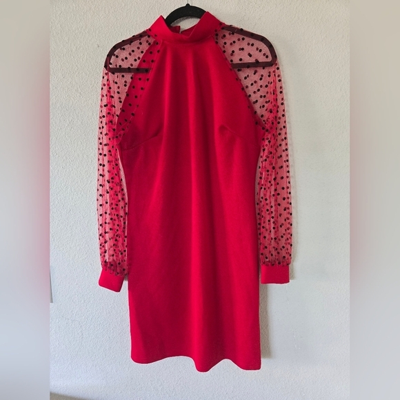 Shein Contrast Dress Womens Sz L Red Dolby Mesh Cap Sleeves Dark Romantic - Picture 3 of 11